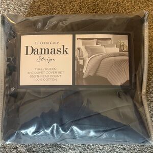 Charter Club Grey Damask Stripe Duvet Cover Set with 2 Pillow Cases Full/Queen